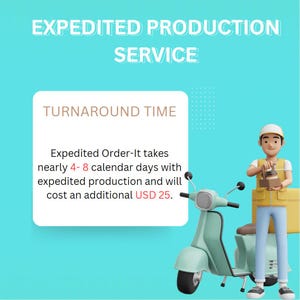 May include: A turquoise scooter with a person standing next to it. The text on the image reads "Expedited Production Service" and "Turnaround Time". The text also says "Expedited Order-It takes nearly 4-8 calendar days with expedited production and will cost an additional USD 25."