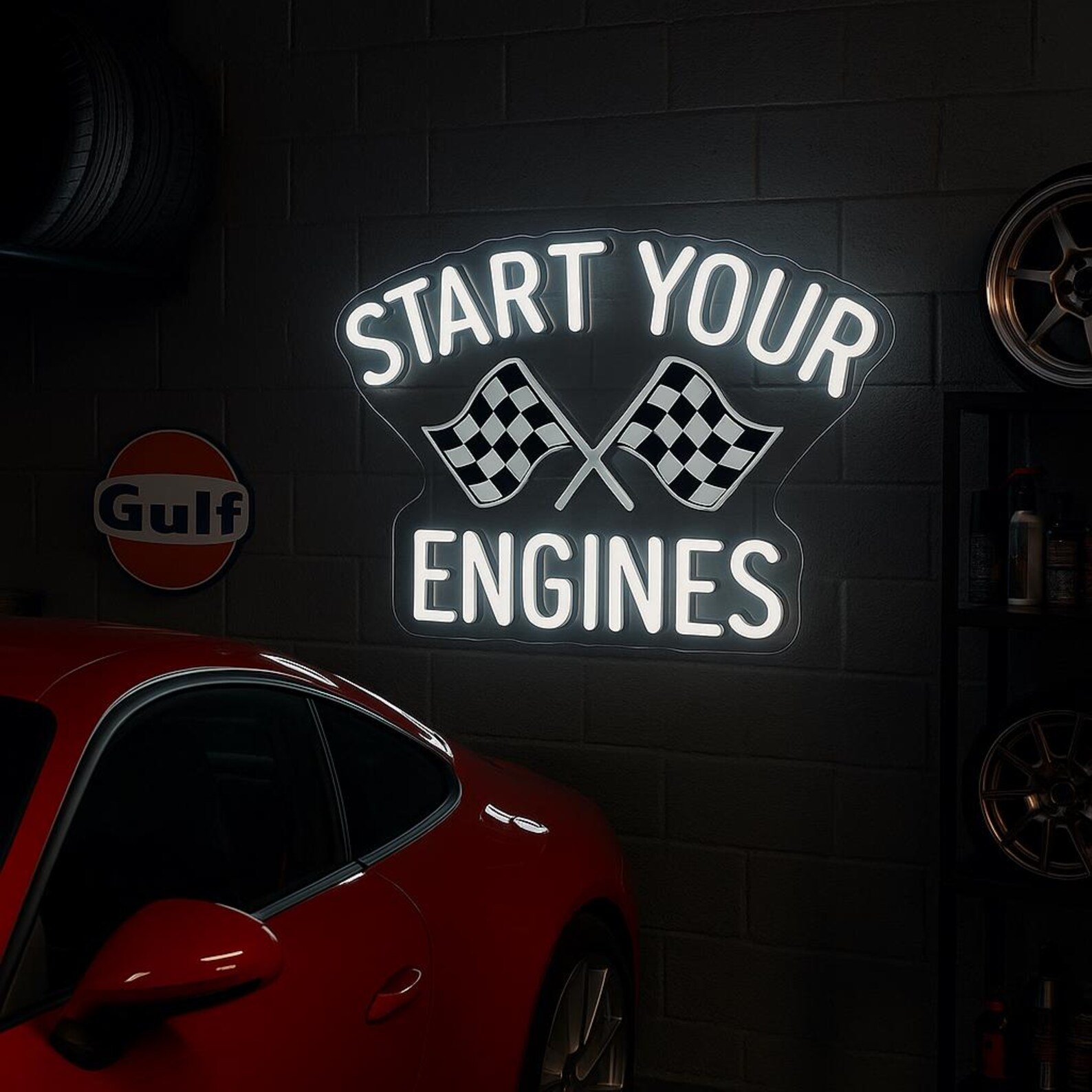 Start Your Engines Neon Sign, Checkered Flag Wall Decor, Raceday Sign ...