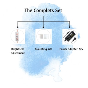 Puede incluir: Imagen que muestra los componentes de un conjunto: un dispositivo de ajuste de brillo, kits de montaje y un adaptador de corriente de 12V. El texto "The Completes Set" est&aacute; en la parte superior, con cada componente etiquetado.