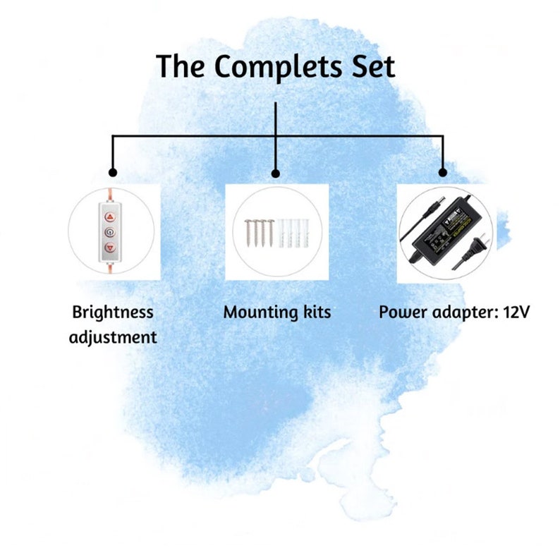 Puede incluir: Imagen que muestra los componentes de un conjunto: un dispositivo de ajuste de brillo, kits de montaje y un adaptador de corriente de 12V. El texto "The Completes Set" est&aacute; en la parte superior, con cada componente etiquetado.