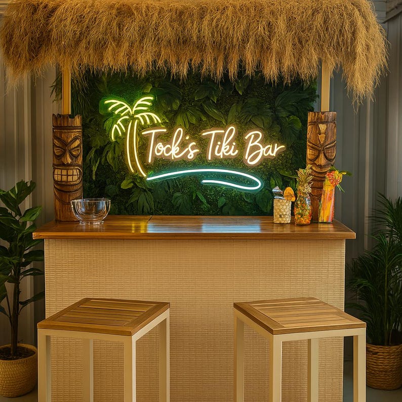 May include: A tropical-themed bar with a thatched roof and a neon sign that reads "Tock's Tiki Bar." The bar features wooden stools, carved tiki statues, and decorative items. The bar is surrounded by lush greenery, creating a vibrant and inviting atmosphere.