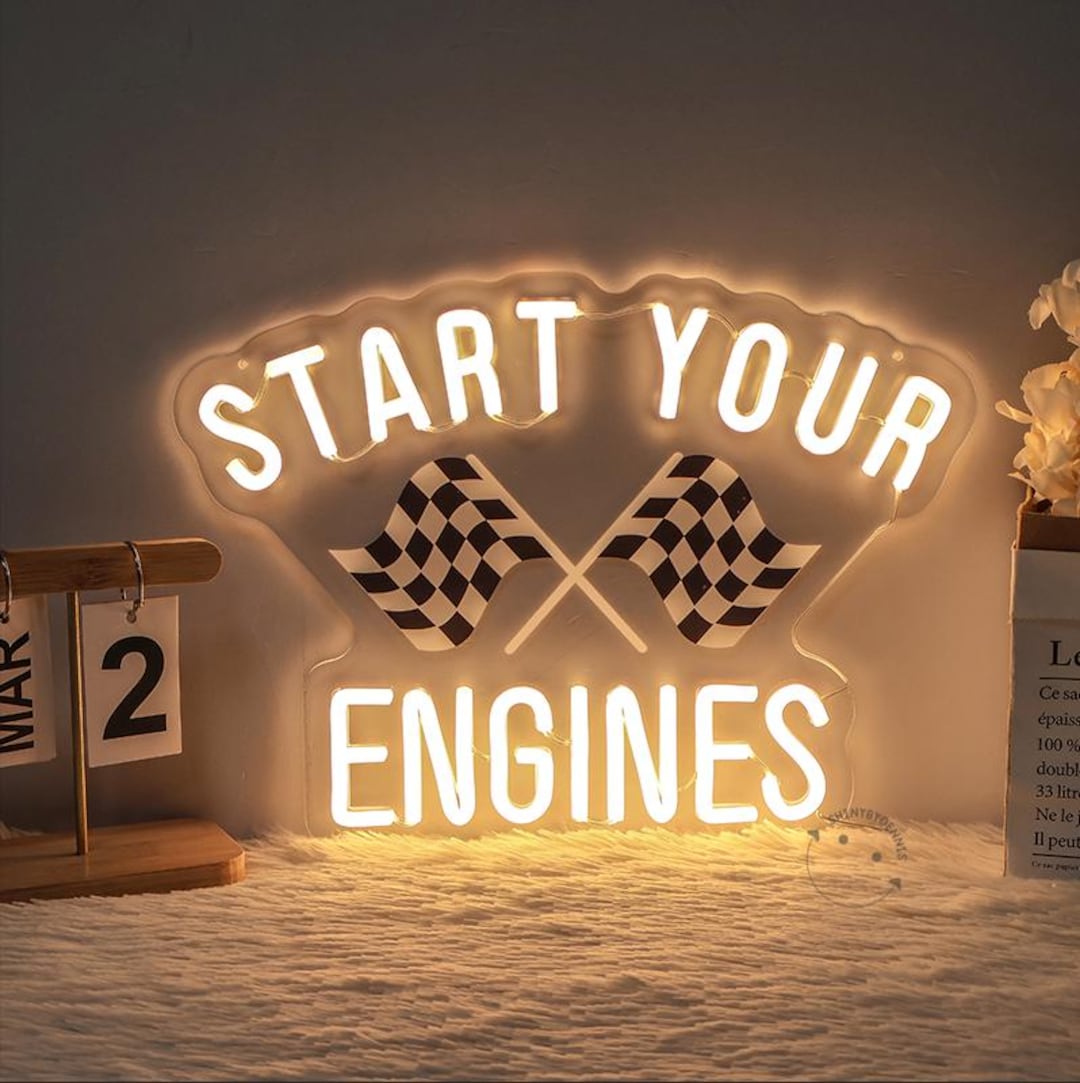 Start Your Engines Neon Sign, Checkered Flag Wall Decor, Raceday Sign ...