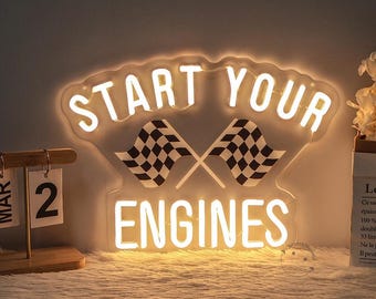 Letrero de neón "Enciende tus motores", decoración de pared con bandera a cuadros, letrero de día de carrera, arte de pared de autos rápidos, arte de pared de cerveza, fiesta de autos de carrera, regalos para él
