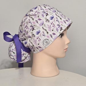 Delicate purple flowers Scrub Hat, Ponytail Style surgical cap, FREE DOMESTIC shipping