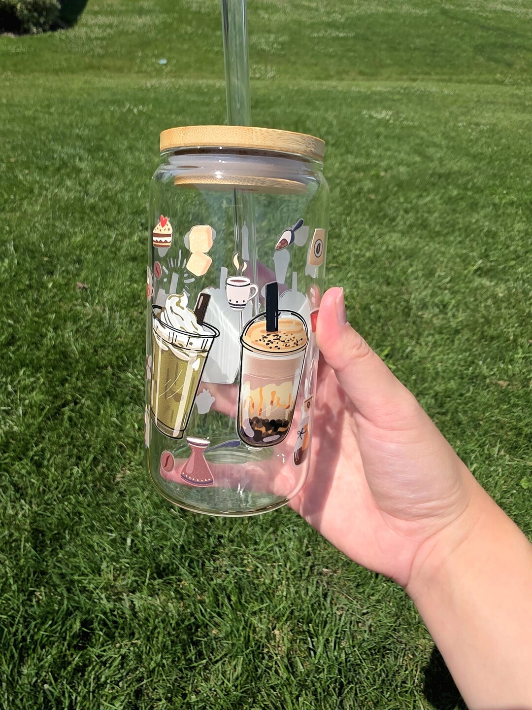 Cute Coffee Style Glass Cup With Bamboo Lid & Reusable Straw for Coffee ...
