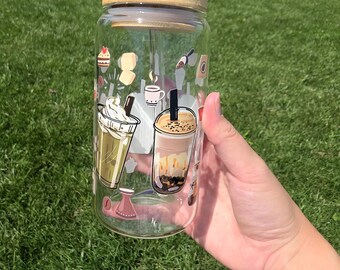 Cute Coffee Style Glass Cup With Bamboo Lid & Reusable Straw for Coffee ...