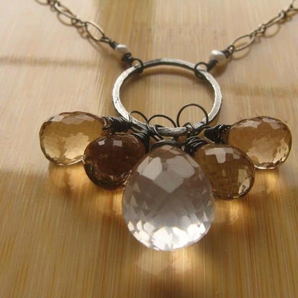 SALE - Gemstone Cluster Necklace - Champagne Quartz and White Iolite on Oxidized Sterling Silver
