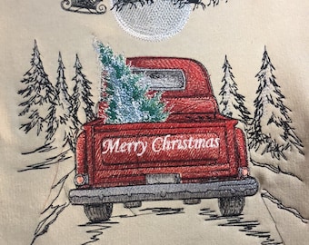 Embroidered Retro Red Truck With Merry Christmas and Santa's