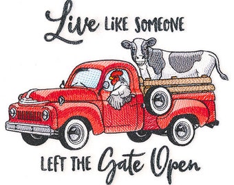 Adult White Sweatshirt - Embroidered  - Live Like Someone Left the Gate Open - Red Truck - Chicken - Cow