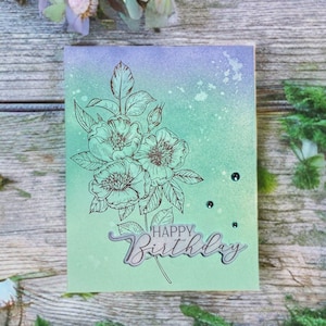 ombré happy birthday / peony card / birthday card / card for her / girl birthday / handmade birthday card / happy mail / flowers /