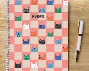 2025-2026 8.5x11in Animal Spiral Planner, Letter Size, 12 Months, One Page Week, Checkerboard Kitty Cats
