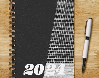 2024 6.5x9in Planner, Soft or Hard Cover, Monthly Weekly, Dad Planner Gift, Midcentury Modern, Black and White