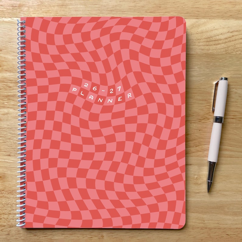 2026-2027 Wavy Checkerboard Planner, 8.5x11, Colorful Teen Gift Red & Pink