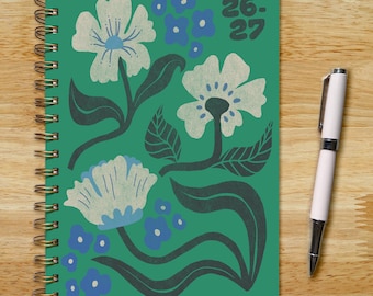 2026-2027 Bendy Floral Planner; 6.5x9in Soft or Hard Cover, Green Black Pink Blue
