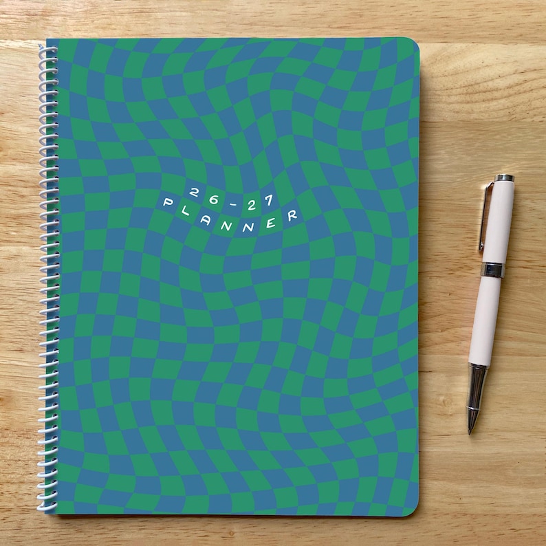 2026-2027 Wavy Checkerboard Planner, 8.5x11, Colorful Teen Gift Blue & Green