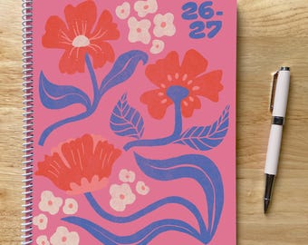 2026-2027 8.5x11in Floral Spiral Planner, July Start, 12 Months, One Page Week, Bendy Flowers
