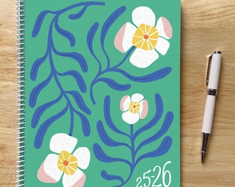 2025-2026 8.5x11in Academic Floral Planner, Letter Size, 12 Months, One Page Week,Leafy Floral