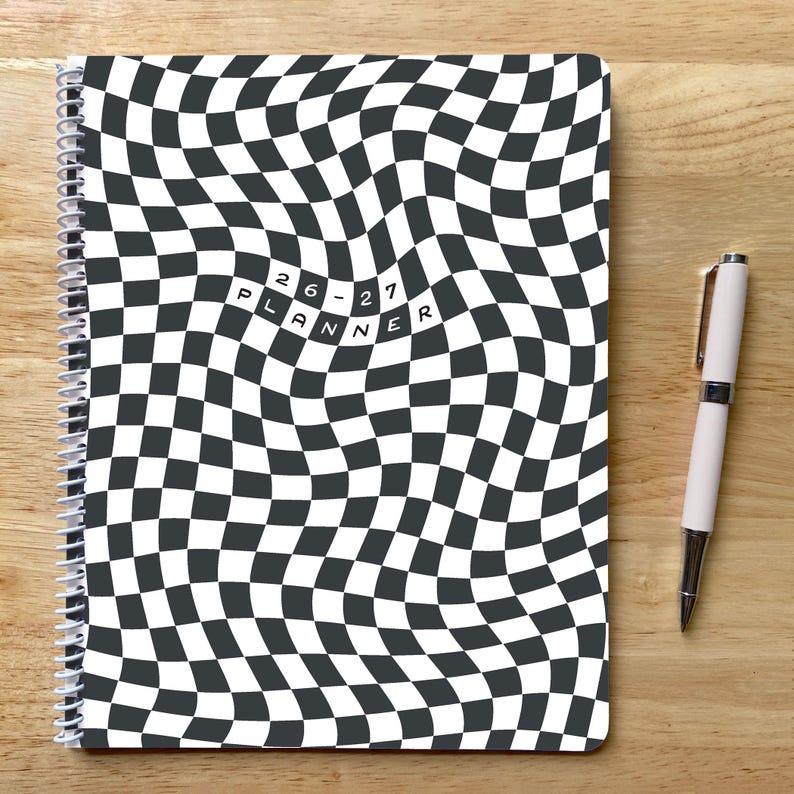 2026-2027 Wavy Checkerboard Planner, 8.5x11, Colorful Teen Gift Black & White