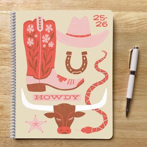 2025-2026 8.5x11in Western Planner, Letter Size, 12 Months, One Page Week, Howdy Cowgirl Western Longhorn Snake
