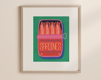 Sardine Tin Art Print: Whimsical Foodie Wall Decor (8x10 Unframed)