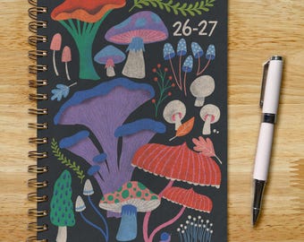 2026-2027 Academic Planner 6.5x9in, Mushrooms, Fungi, Soft or Hard Cover, Black Green