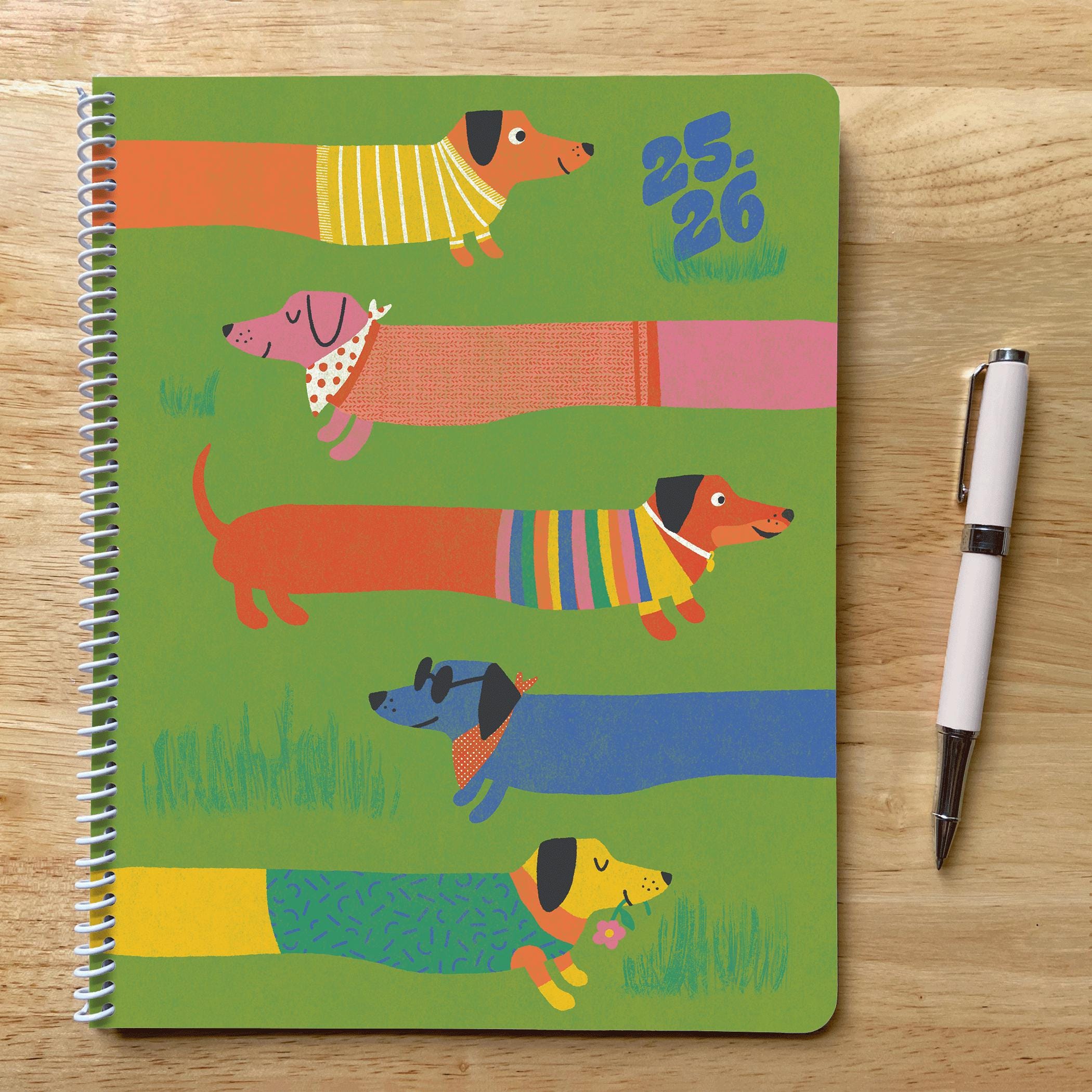 2025-2026 8.5x11in Animal Spiral Planner, Letter Size, 12 Months, One Page Week, Dachshund Weiner Dogs
