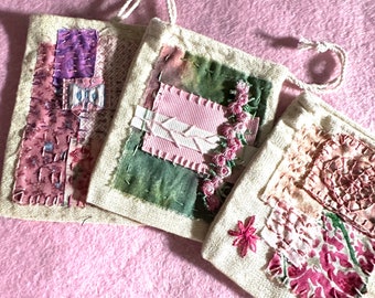 3 little handcrafted slowstitched treat bags