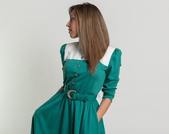 Vintage Teal Jersey Knit Belted Dress (Size Small/Medium)