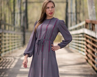 Vintage Sheer Charcoal Gray Grid Line Dress (Size Medium)