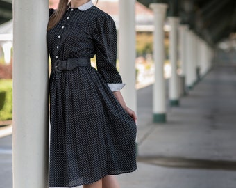 Vintage Black And White Polka Dot Dress (Size Medium)