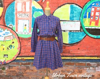 Vintage Blue Plaid Shirt Waist Dress Mini (Size Medium)