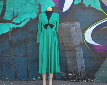 Vintage 1990s Teal Green And Black Bow Jersey Knit Dress (Size Medium)