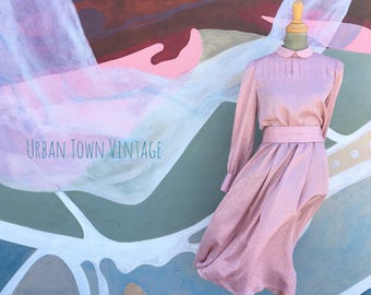 Vintage Rose Pink Peter Pan Collared Tone On Tone Dress (Size Medium)