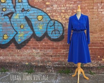Vintage Cobalt Blue Belted Dress (Size Medium)