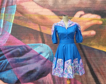 Vintage 1960s Blue Lace Overlayed Full Circle Dress (Size Small/Medium)