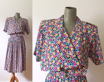 1990s Color Strokes Belted Dress (Size 8 9 10 Women)