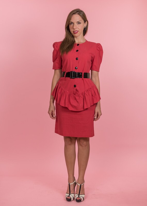 Vintage Raspberry Red Peplum Dress (Size Medium)