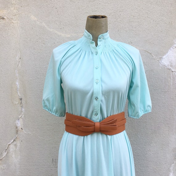 1970s Mint Green Smocked Yoke Dress (Women's Size… - image 3