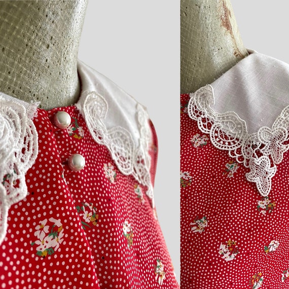 Vintage 1980s Strawberry Red Floral Pleated Colla… - image 2