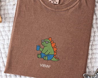 Embroidered Vibin' Tee, Silly Dino Gift, Comfort Colors 1717, Funny Dinosaur T-shirt, Jurassic Park, Summer Vibes