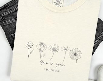 Grow In Grace Comfort Colors® T-shirt, Cute Christian Shirt, Boho Floral Gift, Minimalist T-shirt, Trendy Christian Apparel