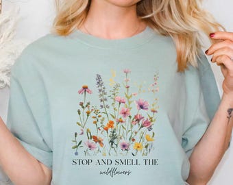 Vintage Pressed Flowers Comfort Colors® T-shirt, Stop And Smell The Flowers, Gift For Gardener, Boho Cottage Core Shirt