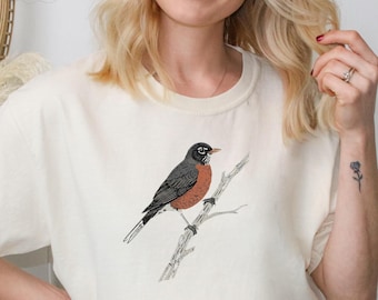 Vintage American Robin T-Shirt, Komfort Farben Retro Vogel Liebhaber Shirt, Boho Blumenbekleidung, Cottagecore Distressed Bird Tee