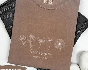 Saved By Grace Comfort Colors® T-shirt, Floral Apparel, Cute Christian Shirt, Boho Floral Gift, Minimalist T-shirt