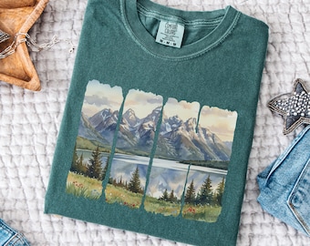 Grand Teton Watercolor T-shirt, Mountain And Adventure Tee, Comfort Colors Boho Watercolor Graphic Top, Vintage Gift For Women