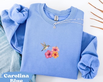 Aquarell Kolibri Sweatshirt, Gildan 18000 Retro Vogel Liebhaber Shirt, Boho Blumen T-Shirt, Cottagecore Vogel T-Shirt