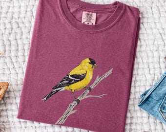 Vintage American Goldfinch T-shirt, Comfort Colors Boho Floral Apparel, Cottagecore Distressed Bird Tee, Retro Bird Lover Shirt
