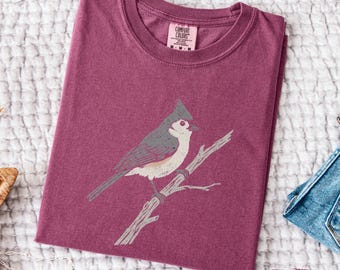 Vintage Tufted Titmouse T-shirt, Comfort Colors Bird Lover Shirt, Cottagecore Distressed Bird Tee, Boho Floral Apparel