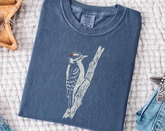 Vintage Downy Wood Pecker T-shirt, Comfort Colors Boho Floral Apparel, Cottagecore Distressed Bird Tee, Retro Bird Lover Shirt
