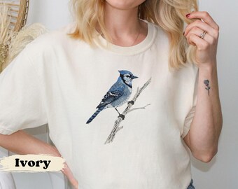 Vintage Blue Jay T-shirt, Comfort Colors Retro Bird Lover Shirt, Cottagecore Distressed Bird Tee, Boho Floral Apparel